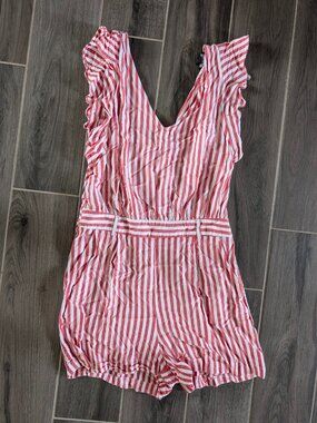 LOFT Striped Romper Red White Ruffle Sleeve Tie Shoulder Size 4